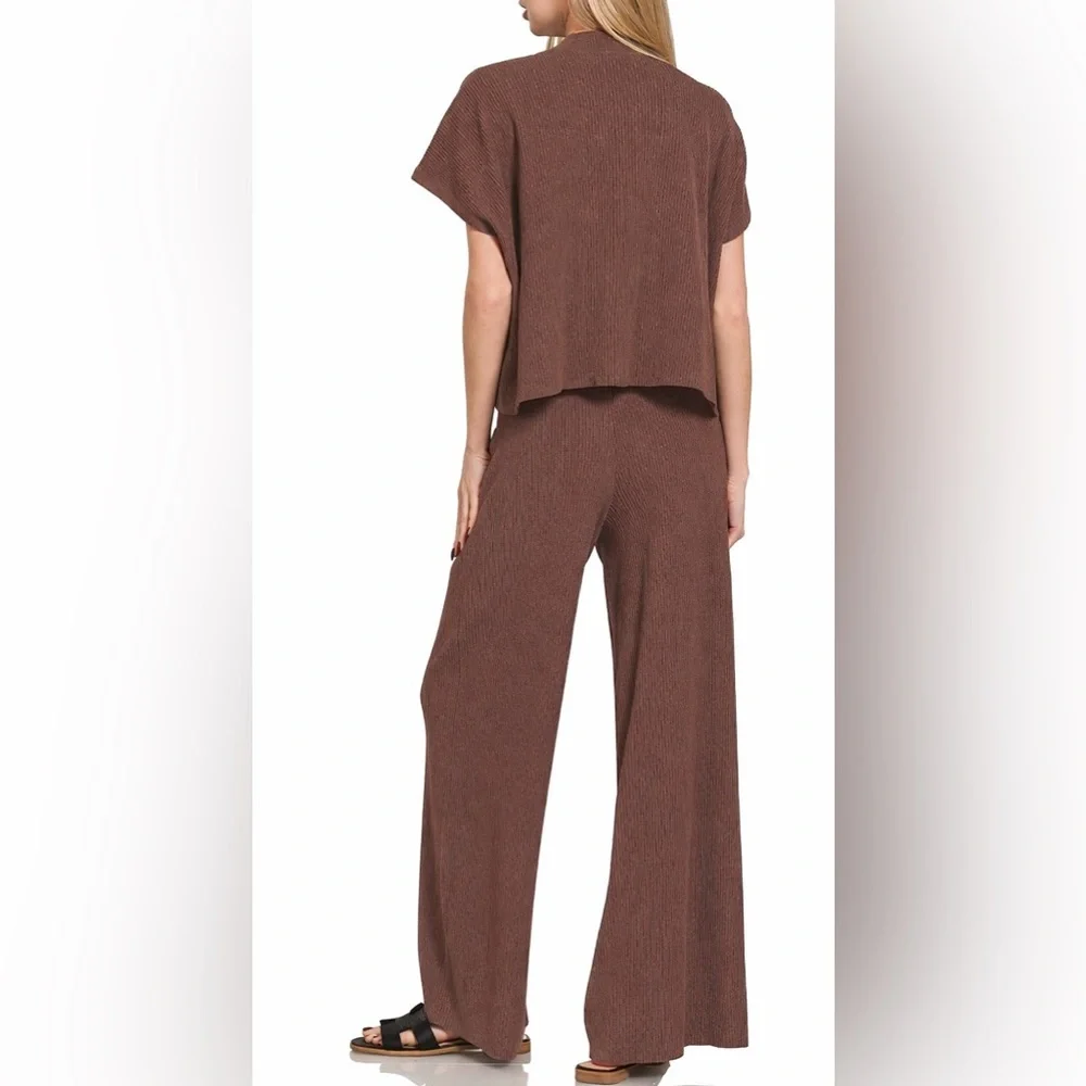 NEW Zenana Brown Viscose Ribbed Matching Set Top & High Rise Pants Size Medium